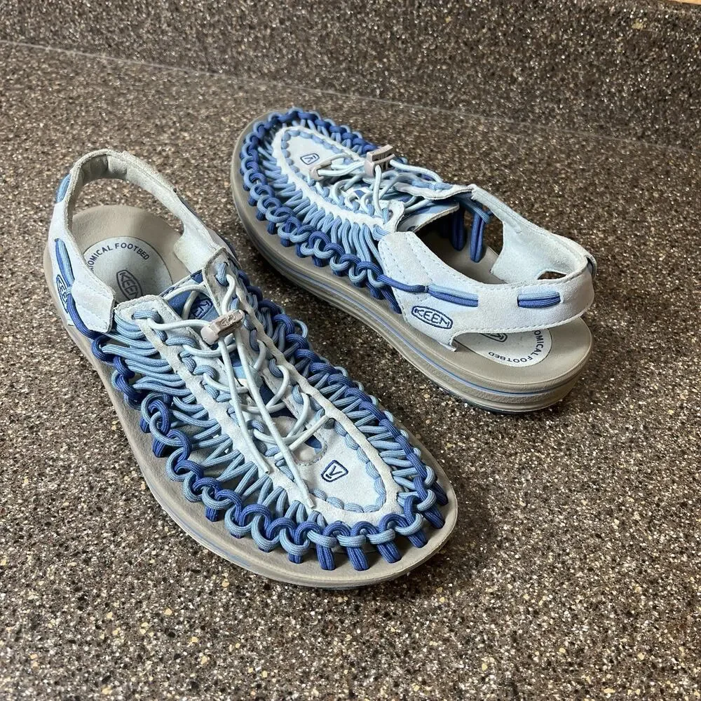 Keen Uneek Sandals Women's Sz 10.5 Blue Woven Bungee Lacing Hiking Trail Slip On